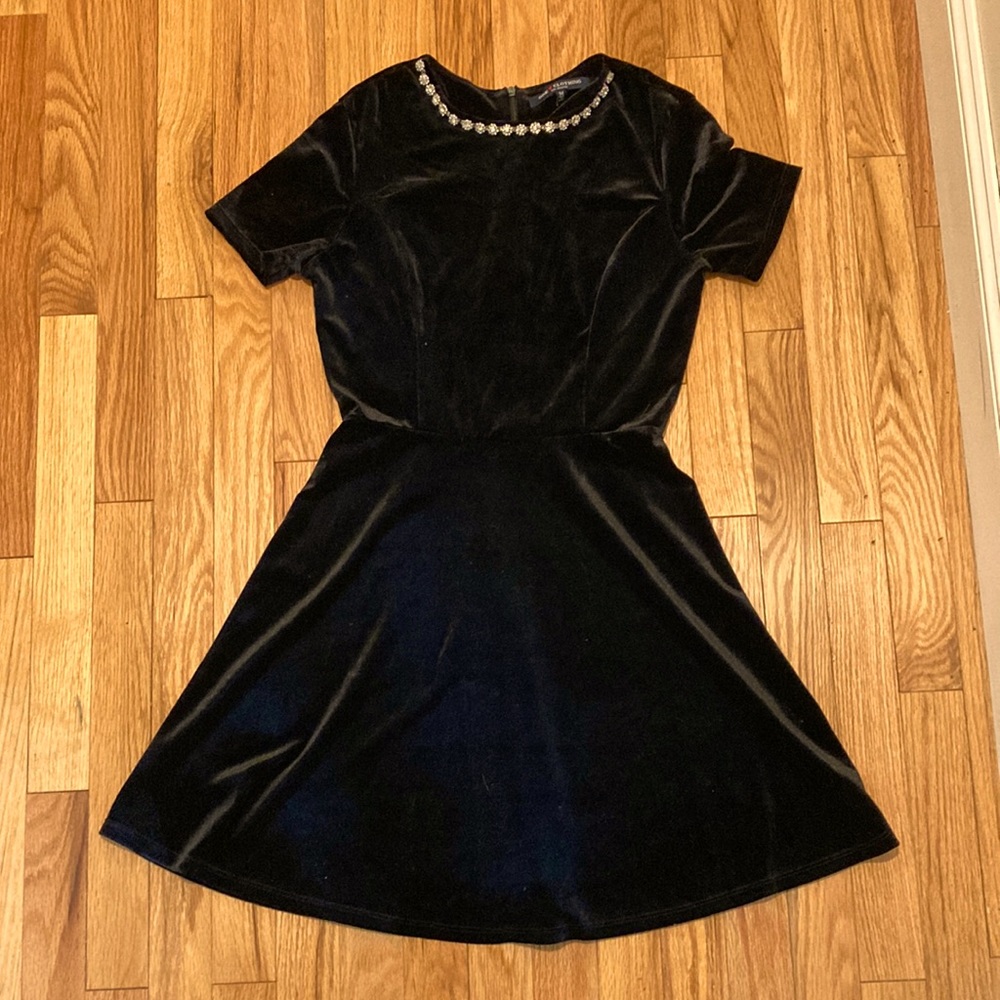 Black velvet A-line dress with bejeweled collar
